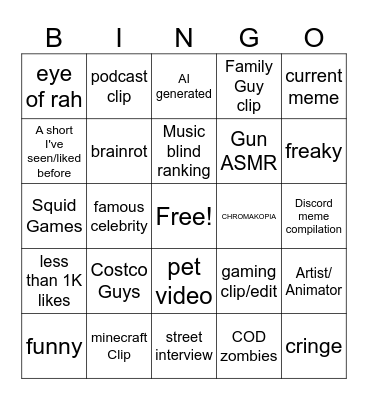 YouTube Shorts Bingo!!! Bingo Card