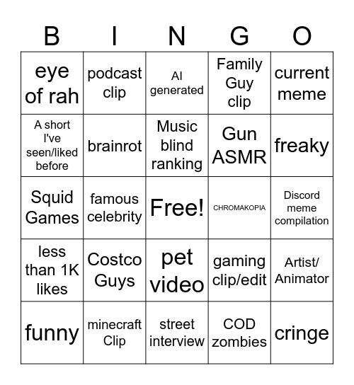 YouTube Shorts Bingo!!! Bingo Card