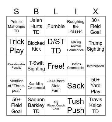 Super Bowl Bingo Card