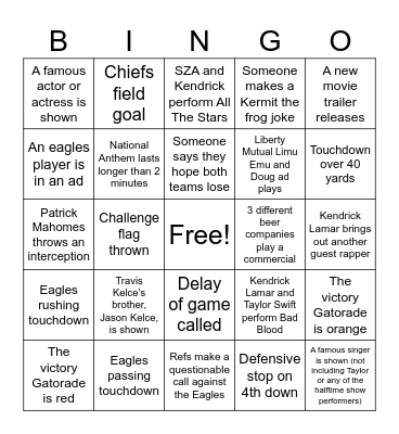 Super Bowl 59 Bingo Card