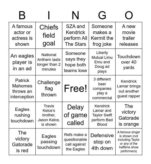 Super Bowl 59 Bingo Card