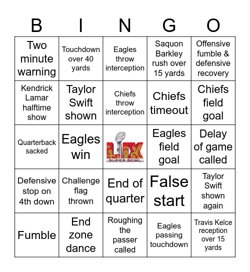 Super Bowl 2025 Bingo Card