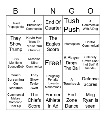 Super Bowl 2025 Bingo Card