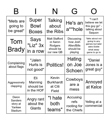 Super Bowl Bingo Card