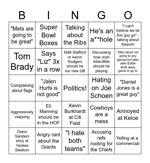 Super Bowl Bingo Card