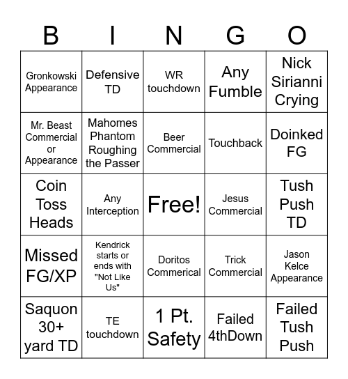 Super Bowl 59 Bingo Card