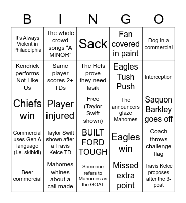 Super Bowl LIX Bingo Card