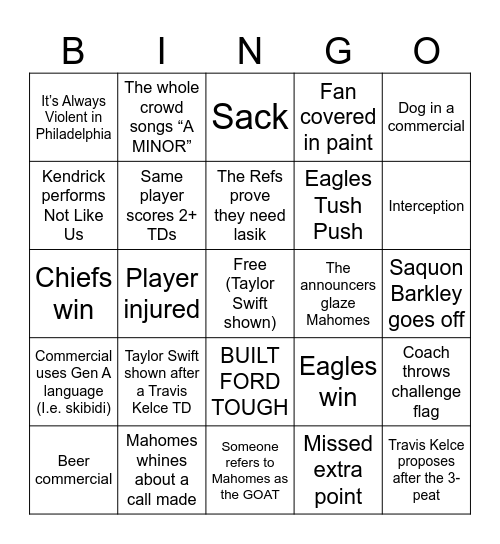 Super Bowl LIX Bingo Card