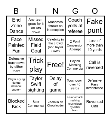 Superbowl Bingo Card