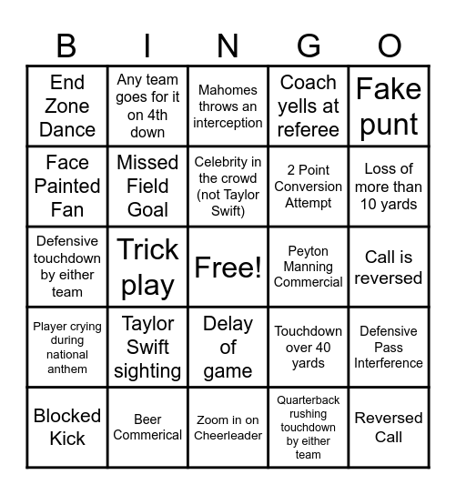 Superbowl Bingo Card