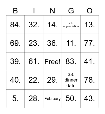 Valentines Day Bingo Card