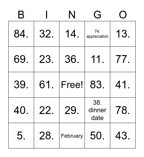 Valentines Day Bingo Card