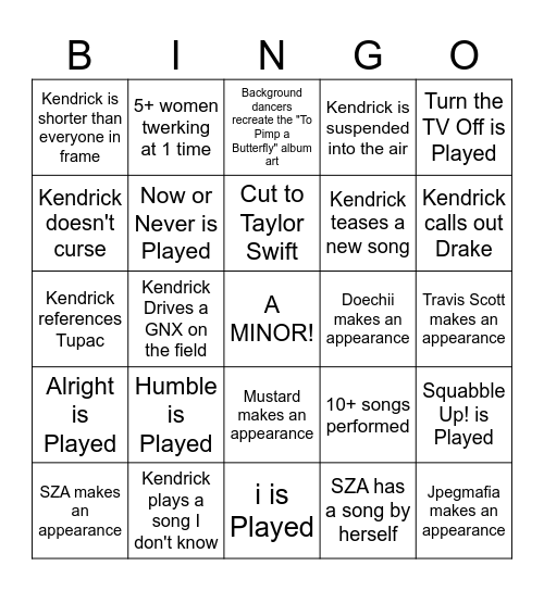 Kendrick Halftime Show Bingo Card