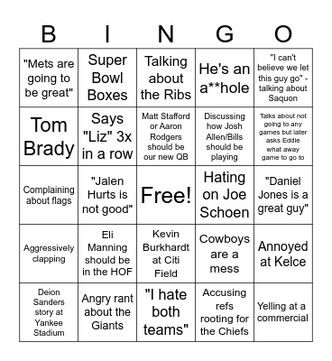 Super Bowl Bingo Card