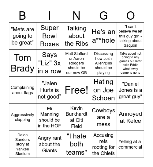 Super Bowl Bingo Card