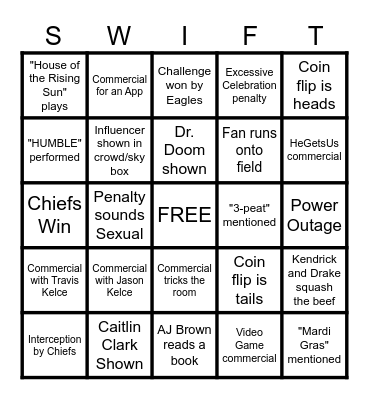 "The Big Game" LIX Bingo Card