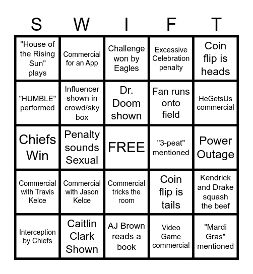 "The Big Game" LIX Bingo Card