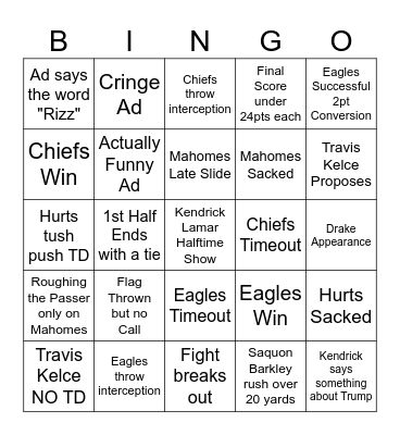 Super Bowl 2025 Bingo Card