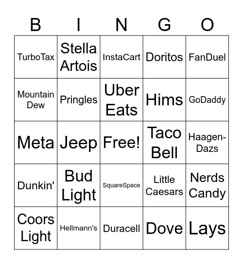 Commercials Bingo Card