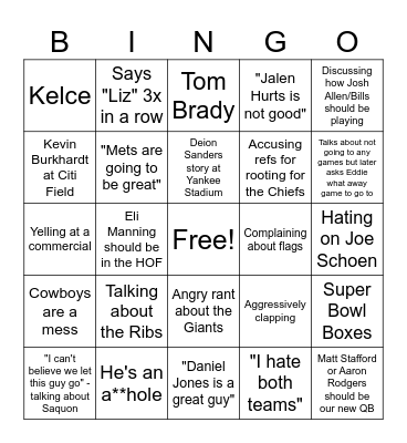 Super Bowl Bingo Card
