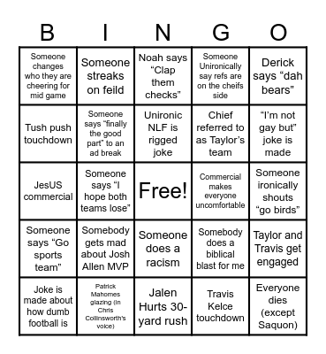 Super Bowl Bingo Card