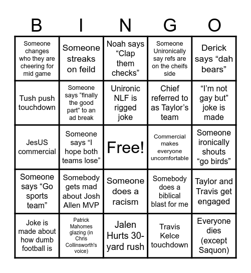 Super Bowl Bingo Card