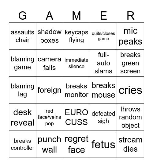 GAMER RAGE BINGO Card