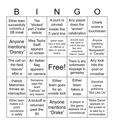 Super Bowl LIX Bingo Card