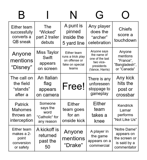 Super Bowl LIX Bingo Card