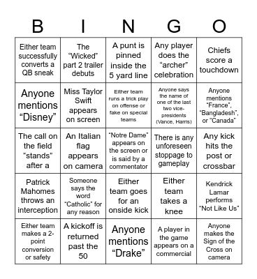 Super Bowl LIX Bingo Card
