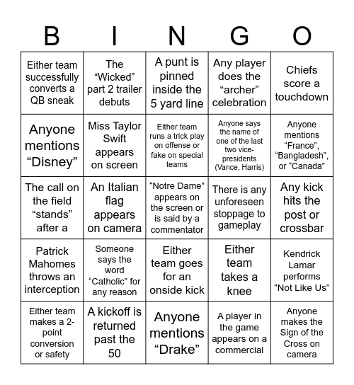 Super Bowl LIX Bingo Card