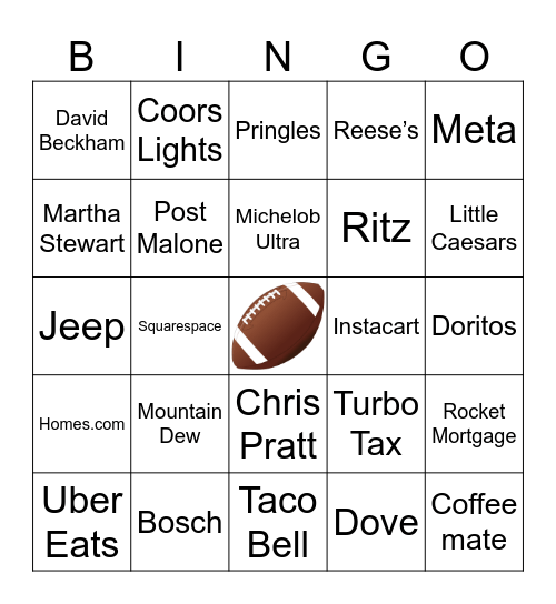 Super Bowl Commercial Bingo Card