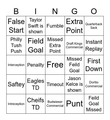 Super Bowl Bingo Card
