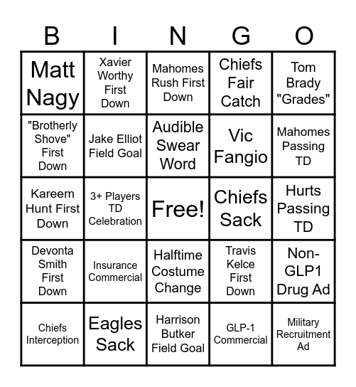 LIX My Bingo, Super Bowl Bingo Card