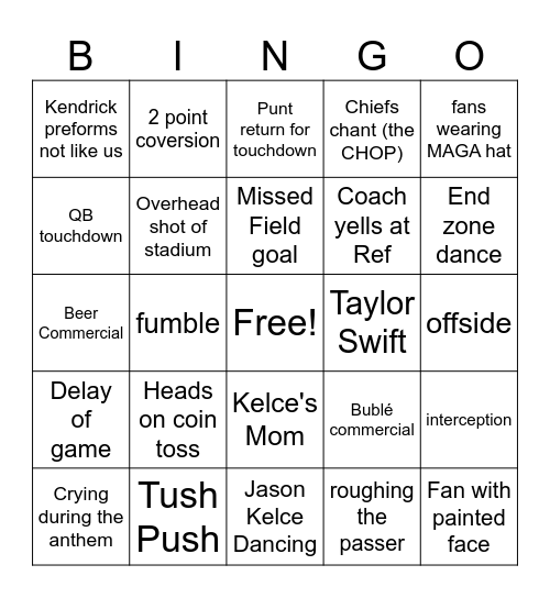 Superbowl Bingo Card