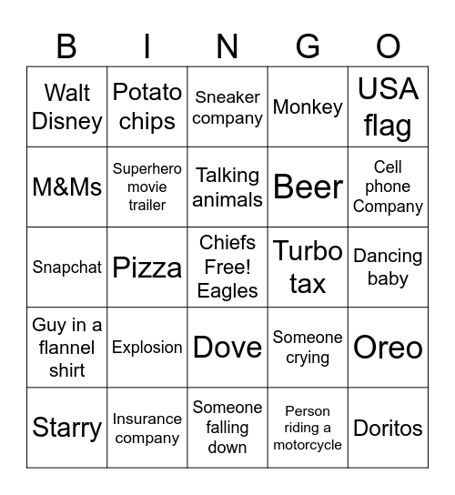 Salo Super Bowl Commercial Bingo Card