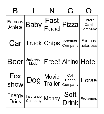 SUPER BOWL TV COMMERCIAL Bingo Card