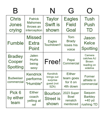 Super Bowl 2025 Bingo Card