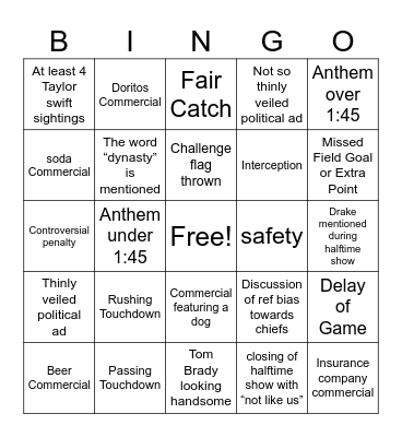 Super Bowl Bingo! Bingo Card
