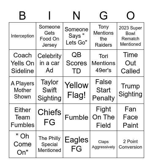 TNT Superbowl Bingo Card