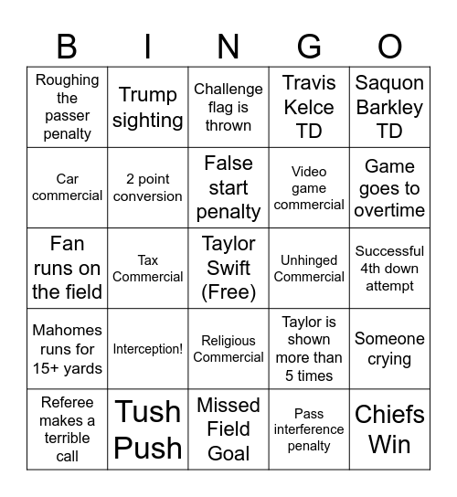 Super Bowl 2025 Bingo Card