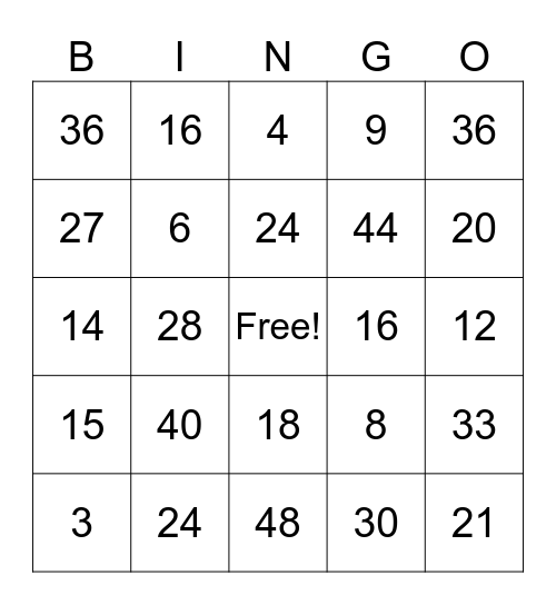 2,3&4 Multiplication Facts Bingo Card