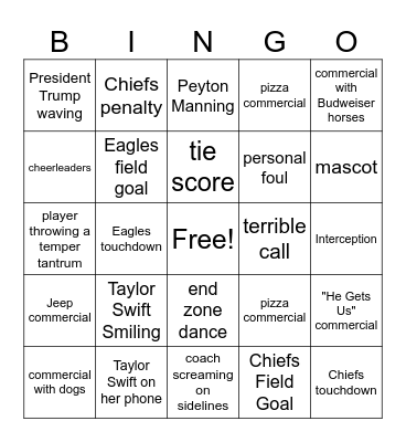 Super Bowl Bingo Card