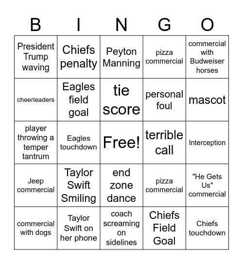 Super Bowl Bingo Card