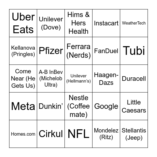 Super Bowl Commercials 2025 Bingo Card
