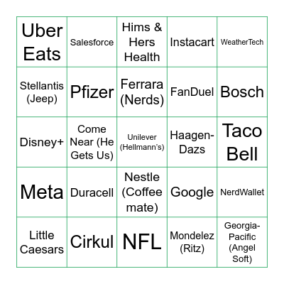 Super Bowl Commercials 2025 Bingo Card