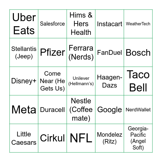 Super Bowl Commercials 2025 Bingo Card