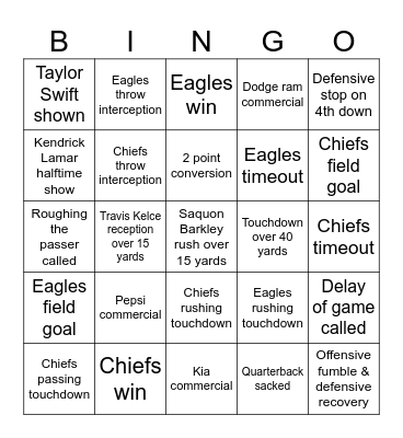 Super Bowl 2025 Bingo Card