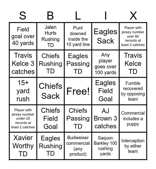 Superbowl LIX Bingo Card