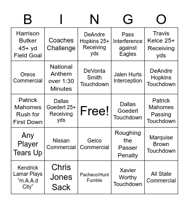 Super Bowl LIX Bingo Card
